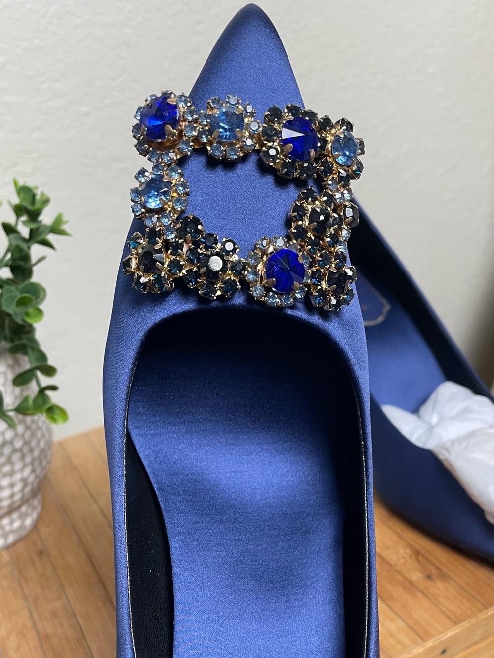 Mery Garey Navy Blue Satin Pointed Toe Embellished Heels Size 38